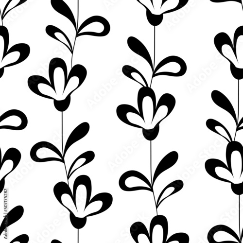 Seamless floral pattern based on traditional folk art ornaments. Black flowers on white background. Scandinavian style. Monochrome vector illustration for fabric, textile, wallpaper