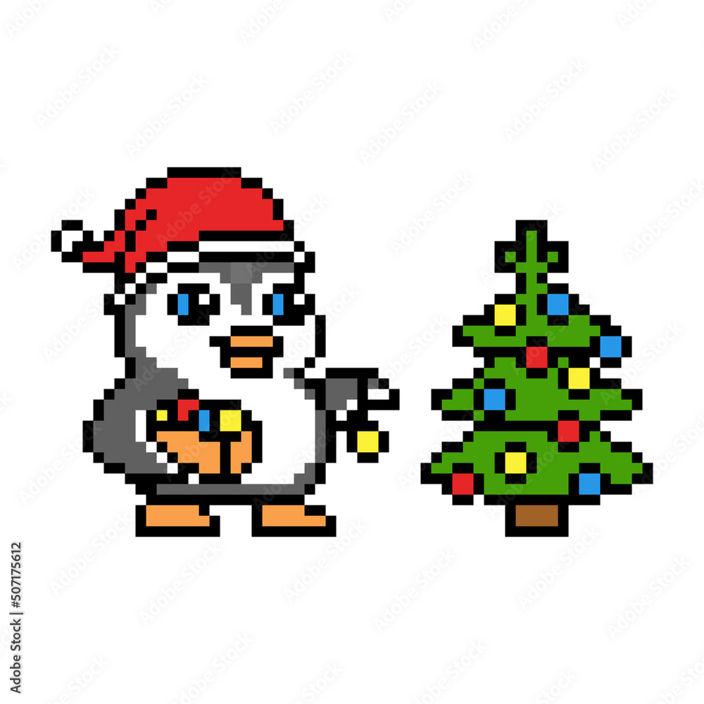 Penguin in Santa' hat holding a box with ornaments and decorating fir-tree with baubles, pixel art character isolated on white background. Christmas mascot. Retro 80's-90's 8 bit video game graphics.