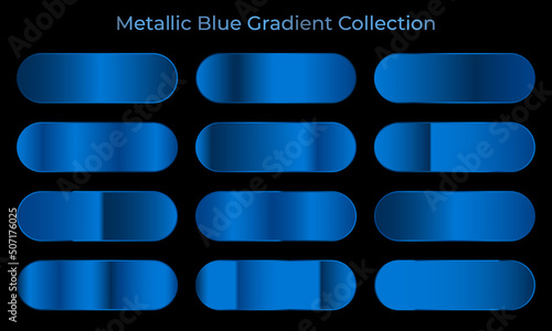 Collection of blue gradient backgrounds. Set of blue metallic textures. Colorful palette and texture set. Vector illustration