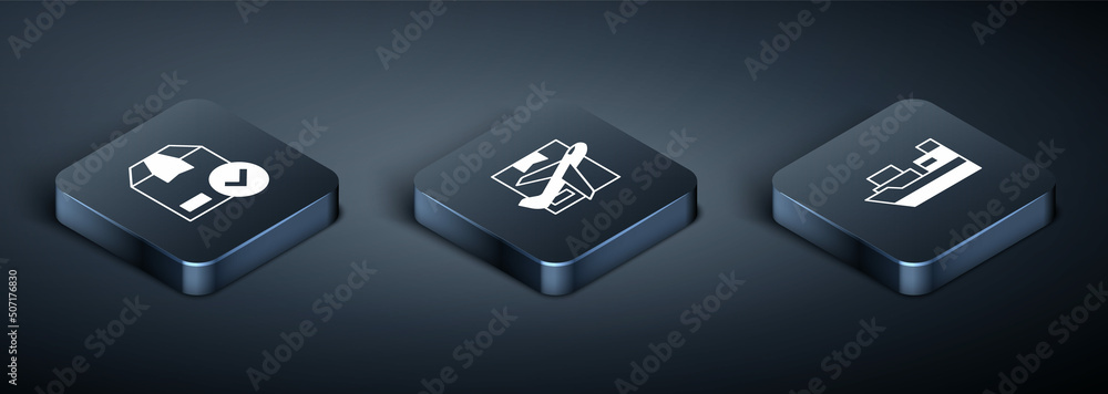 Set Isometric ackage box with check mark, Cargo ship boxes delivery and Plane and cardboard icon. Vector Set Isometric ackage box with check mark, Cargo ship boxes delivery and Plane and cardboard icon. Vector