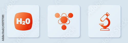 Set Molecule, Chemical formula H2O and Microscope. White square button. Vector