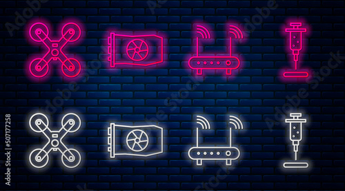 Set line Video graphic card, Router and wi-fi signal, Drone flying and Syringe. Glowing neon icon on brick wall. Vector