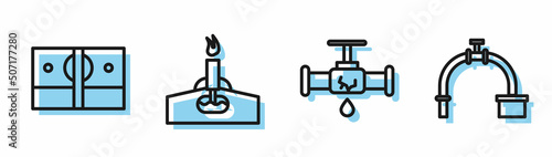 Set line Broken pipe with leaking water, Stacks paper money cash, Oil rig with fire and Industry pipe and valve icon. Vector