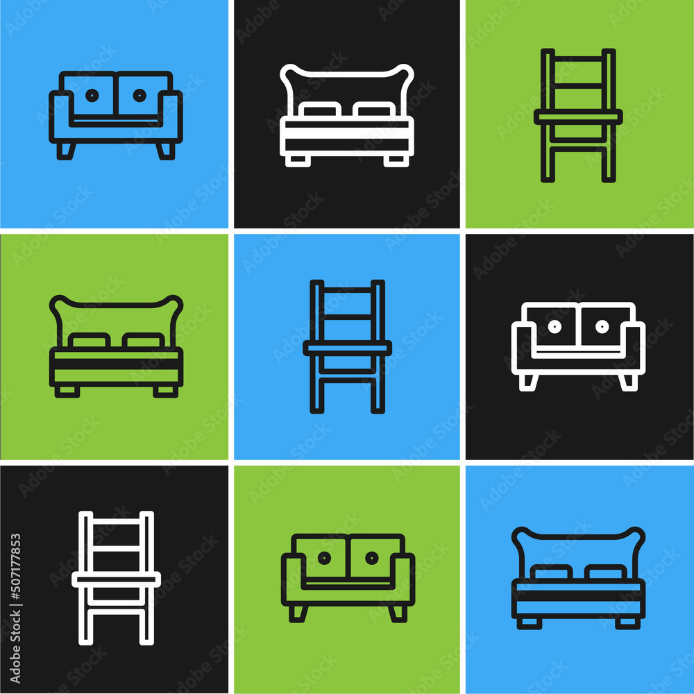 Set line Sofa, Chair and Big bed icon. Vector Set line Sofa, Chair and Big bed icon. Vector