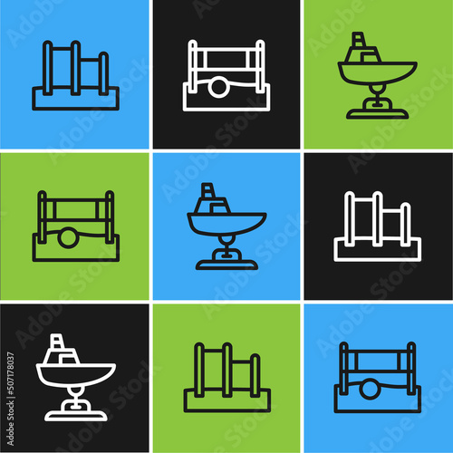 Set line Horizontal bar, Swing boat and Volleyball net with ball icon. Vector