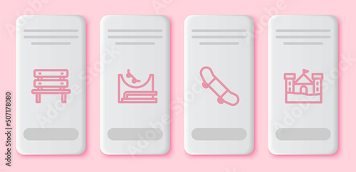 Set line Bench, Skate park, Skateboard trick and Sand castle. White rectangle button. Vector