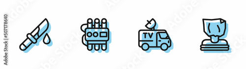 Set line TV News car, Bloody knife, Dynamite and timer clock and Kidnaping icon. Vector