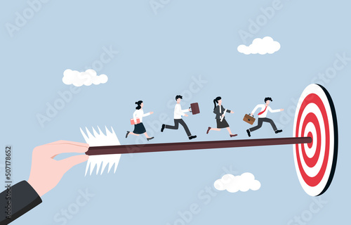 Supporting employee to achieve business target, 
encouragement for teammate, mentorship and guideline concept. Giant boss hand helping employees to reach target with path made by arrow. 