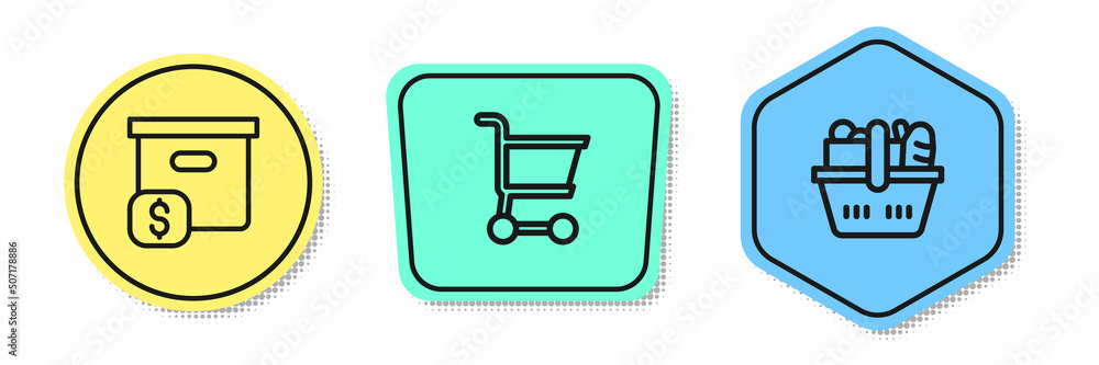 Set line Carton cardboard box with price, Shopping cart and basket and food. Colored shapes. Vector Set line Carton cardboard box with price, Shopping cart and basket and food. Colored shapes. Vector