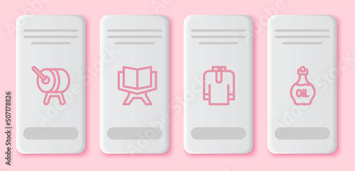 Set line Ramadan drum, Holy book of Koran, Shirt kurta and Essential oil bottle. White rectangle button. Vector