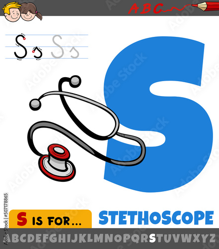 letter S worksheet with cartoon stethoscope medical device