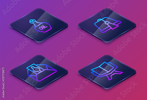 Set Isometric line Essential oil bottle, Donate or pay your zakat, Turkish hat and Holy book of Koran. Blue square button. Vector