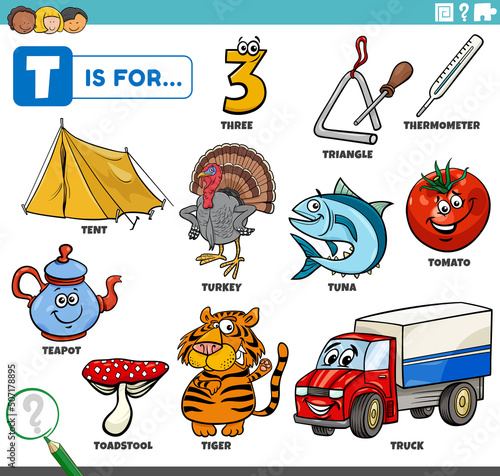 letter t words educational set with cartoon characters