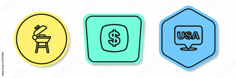 Set line Barbecue grill, Dollar symbol and USA Independence day. Colored shapes. Vector Set line Barbecue grill, Dollar symbol and USA Independence day. Colored shapes. Vector
