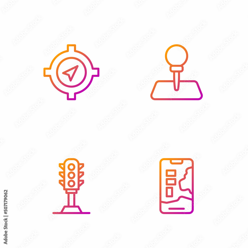 Set line City map navigation, Traffic light, Compass and Push pin. Gradient color icons. Vector Set line City map navigation, Traffic light, Compass and Push pin. Gradient color icons. Vector