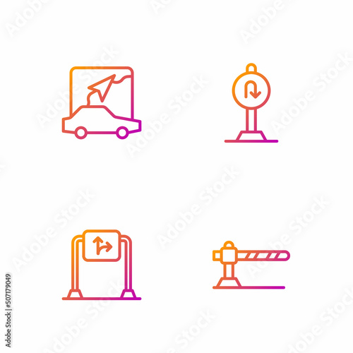 Set line Parking car barrier, Road traffic sign, City map navigation and Turn back road. Gradient color icons. Vector