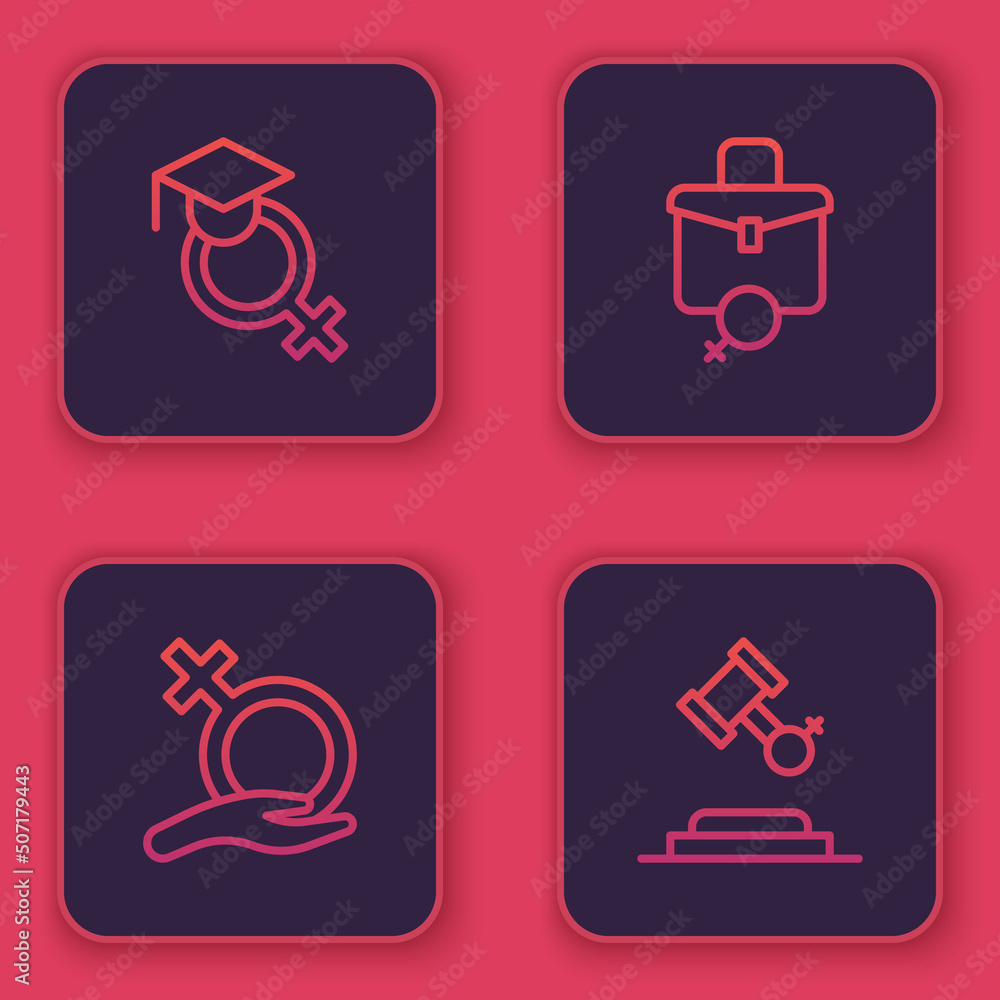 Set line Teacher, Female gender, Work for female and rights. Blue square button. Vector Set line Teacher, Female gender, Work for female and rights. Blue square button. Vector