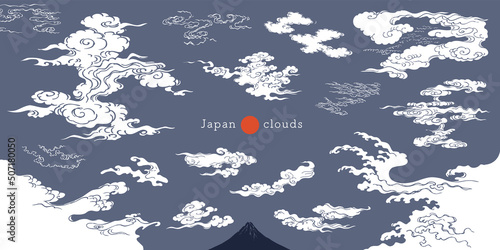 浮世絵タッチの霞と雲デザインセット。