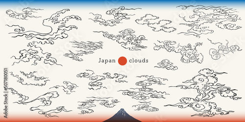 浮世絵タッチの霞と雲デザインセット。