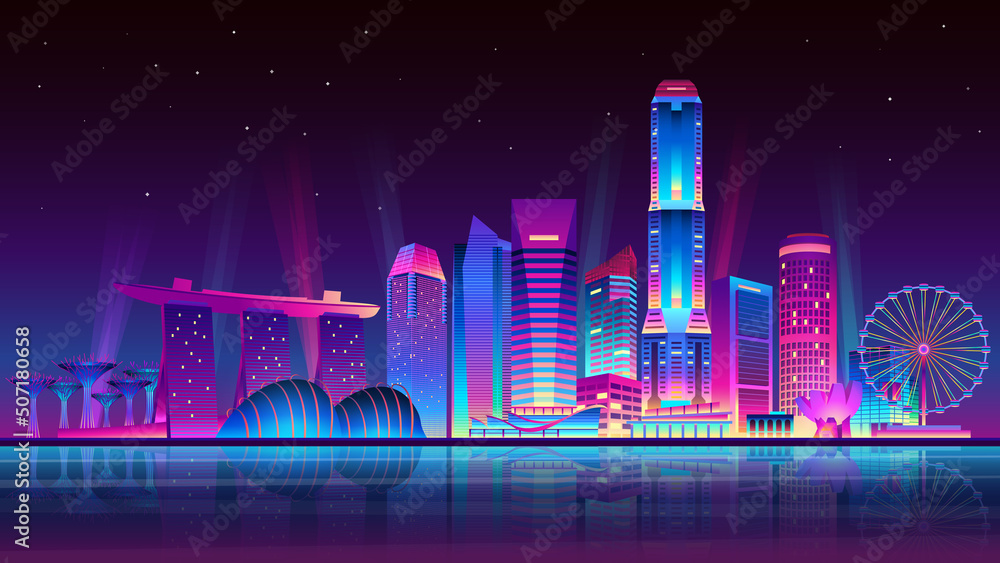 Singapore City illuminated by neon lights. Modern buildings and skyscrapers. Vector illustration. - obrazy, fototapety, plakaty 