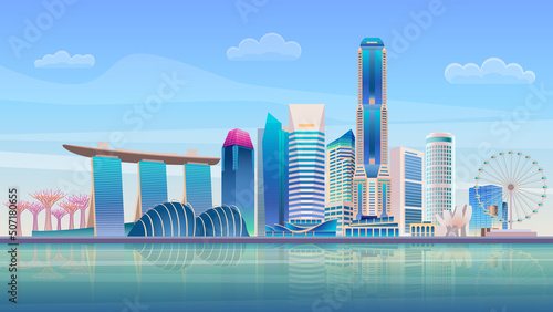 Singapore City panorama skyline. High skyscrapers modern cityscape. Vector illustration.