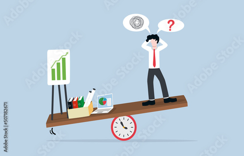 Inefficiency time management, overload, stress ,or burnout at work concept. Confused businessman and large amount of work on seesaw comparing on seesaw lying on timer clock.