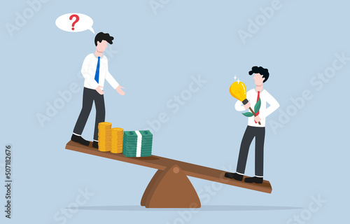 Knowledge is more important than having lots of money concept. Weight comparing between smart businessman with bright light bulb flour and investor with money stacks.