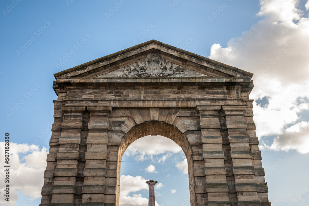 Porte d'Aquitaine (Aquitaine Gate) with its symbolic arch and column on Place de la Victoire Square in Bordeaux, France. Built in 18th century, It's the landmark of the old Bordeaux
