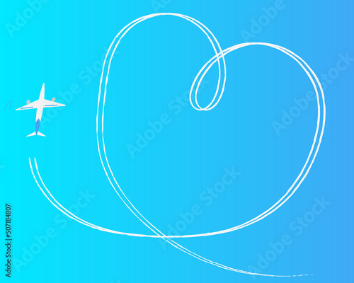 飛行機でハートの文字を書いているイラスト・飛行機雲・新婚旅行・旅立ち・イメージ photo