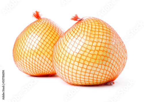 Two pomelos fruit packed isolated on white background.
