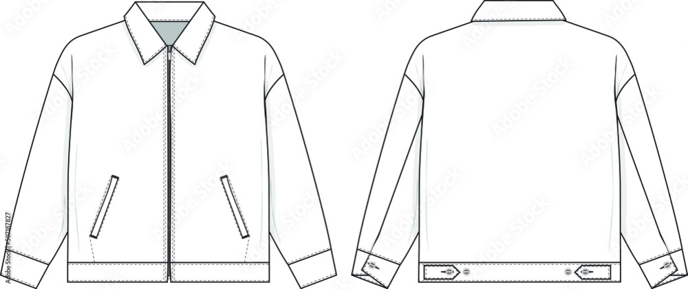 Zip work trucker jacket collared flat technical drawing illustration ...
