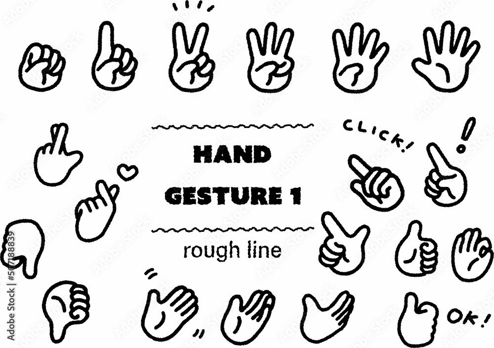 Obraz premium 白黒のラフで柔らかい線画のハンドサインのベクターイラストセット