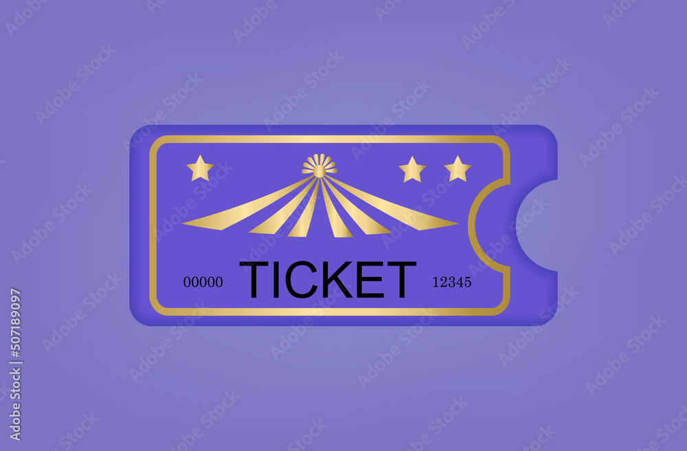 3d purple ticket icon. Access to the circus, coupon, individual entry pass. Buy one ticket to a circus, cinema, show, entertainment event, concert. Unique number on the label, access. Vector 3d purple ticket icon. Access to the circus, coupon, individual entry pass. Buy one ticket to a circus, cinema, show, entertainment event, concert. Unique number on the label, access. Vector