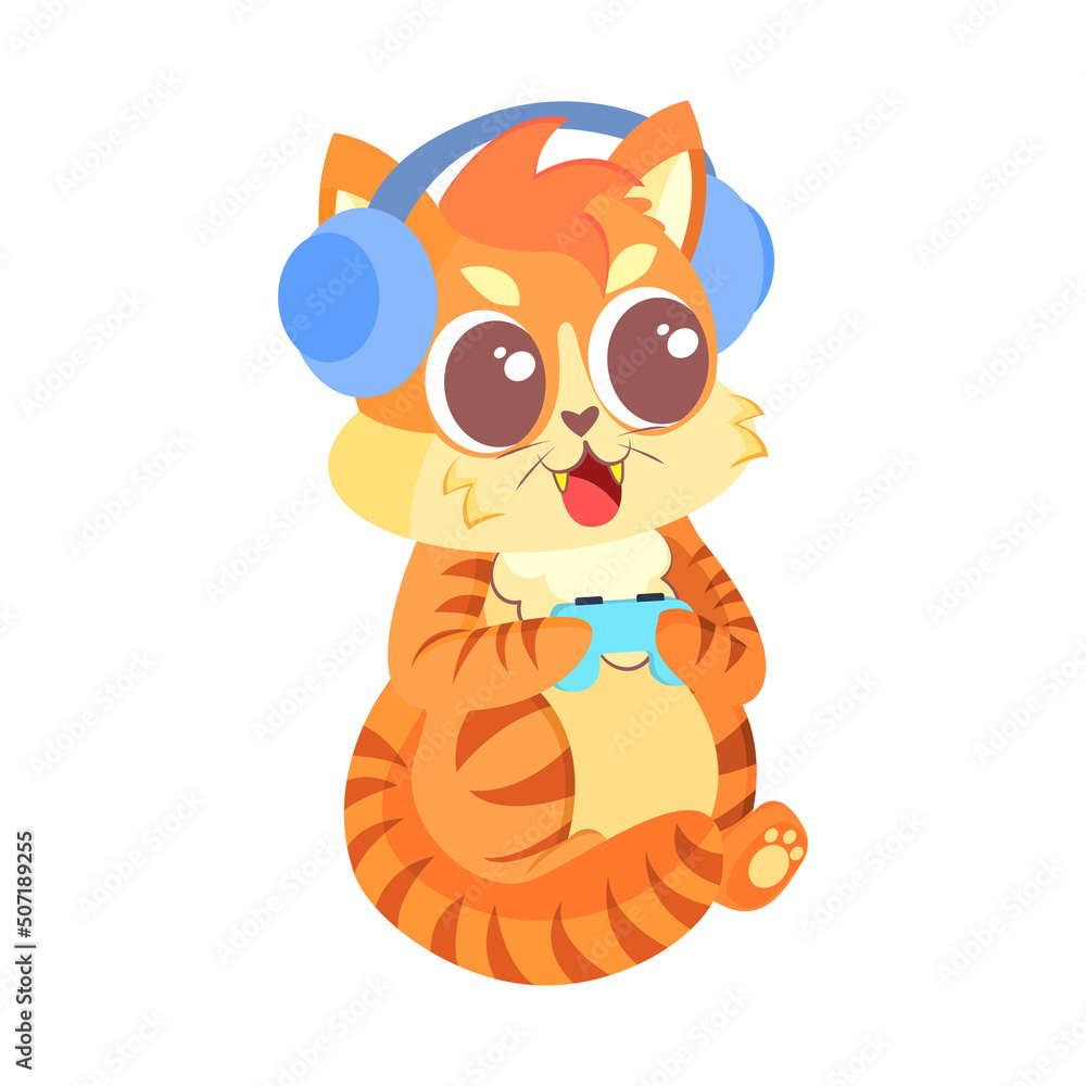 Isolated happy cute cat character playing videogames with joystick Vector illustration Isolated happy cute cat character playing videogames with joystick Vector illustration