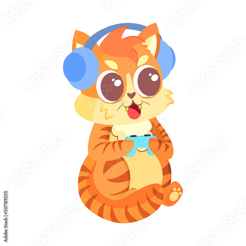 Isolated happy cute cat character playing videogames with joystick Vector illustration