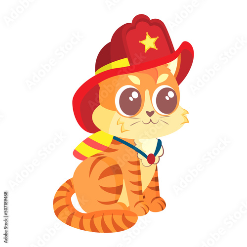 Isolated happy cute cat character with a firefighter hat Vector illustration