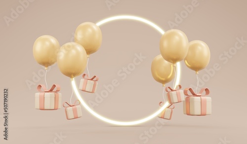 3D rendering concept of balloon and present box luxury beige color theme with space for advertising on backgroundfor commercial design. Gift and Balloon. 3D render cartoon illustration. photo
