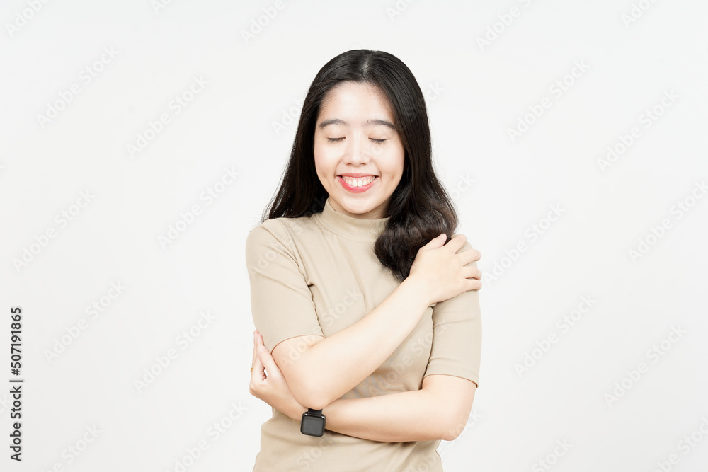 Grateful and Self Love Gesture Of Beautiful Asian Woman Isolated On White Background Grateful and Self Love Gesture Of Beautiful Asian Woman Isolated On White Background