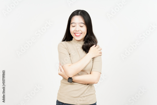 Grateful and Self Love Gesture Of Beautiful Asian Woman Isolated On White Background © Sino Images Studio