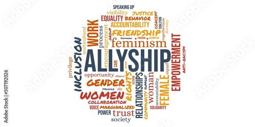 Allyship concept word cloud circle on white background. Solidarity for women in inclusive community, work equality photo