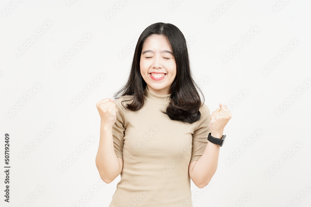 Yes and Celebration Gesture Of Beautiful Asian Woman Isolated On White Background Yes and Celebration Gesture Of Beautiful Asian Woman Isolated On White Background