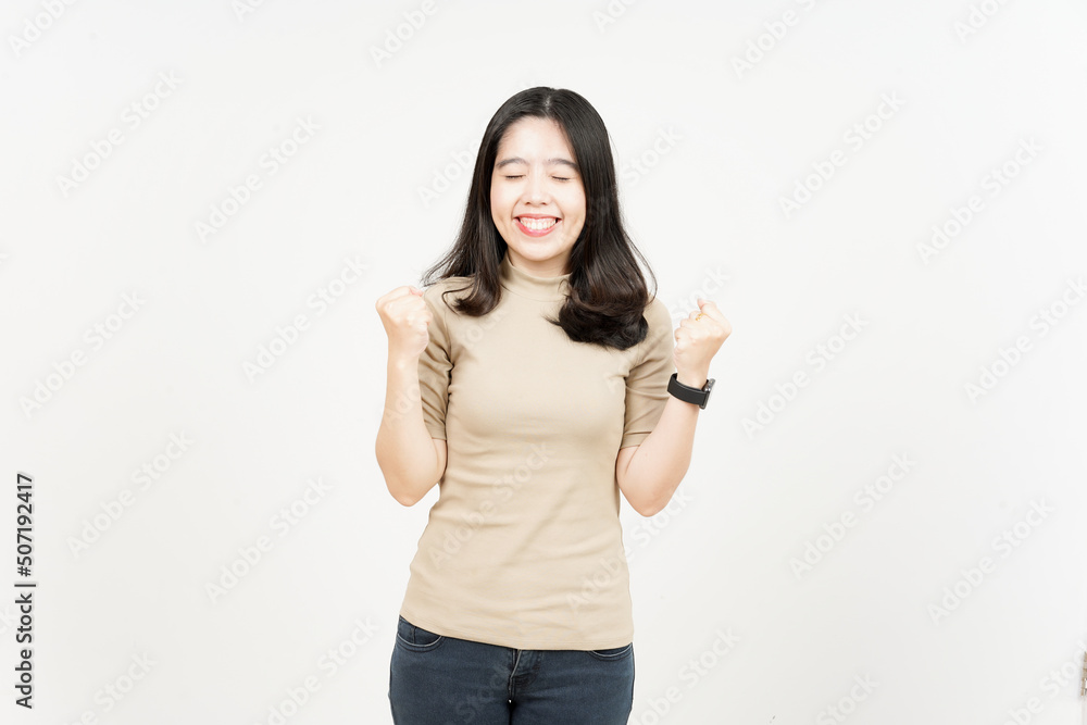 Yes and Celebration Gesture Of Beautiful Asian Woman Isolated On White Background Yes and Celebration Gesture Of Beautiful Asian Woman Isolated On White Background