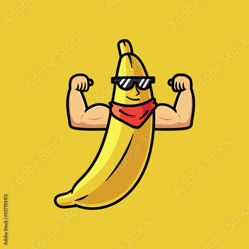 Cool happy strong smiling banana show muscle biceps. Vector modern flat style cartoon character illustration. Isolated on yellow background. Eating healthy food, fitness, sport,banana concept design