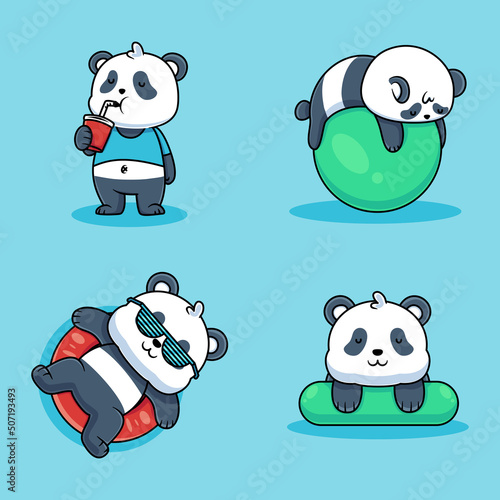 Cute Panda at the beach Cartoon Vector Icon Illustration. Animal Summer Icon Concept Isolated Premium Vector. Flat Cartoon Style