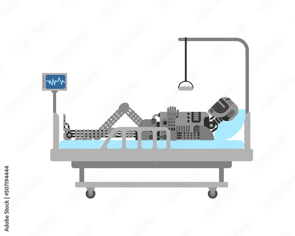 Sick robot on hospital bed. cyborg repair. The concept of future of mankind Sick robot on hospital bed. cyborg repair. The concept of future of mankind