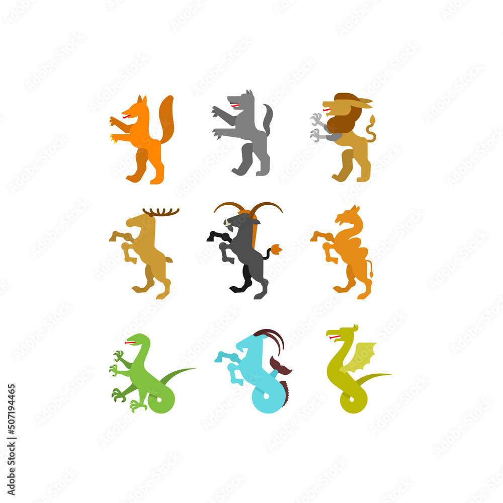 Heraldic animal set. Fox, wolf and Alphyn. Deer, camel and Yale. Salamndra, goat and Amphiptere. Fantastic Beast. Monster for coat of arms. Heraldry design element. Heraldic animal set. Fox, wolf and Alphyn. Deer, camel and Yale. Salamndra, goat and Amphiptere. Fantastic Beast. Monster for coat of arms. Heraldry design element.