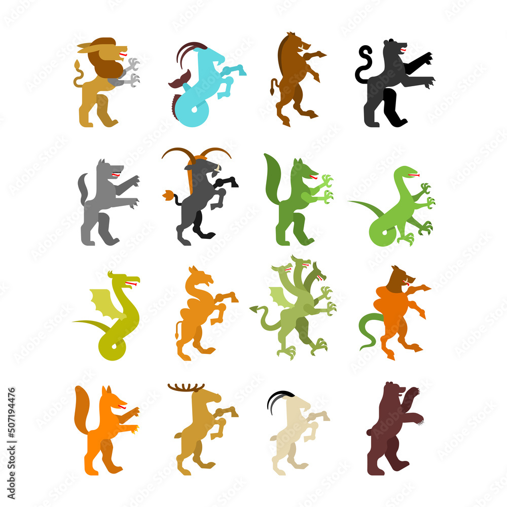 Heraldic animal set. Boar and bear. Panther, camel. Goat, Hydra and Enfield. Fox, wolf and Alphyn. Deer, camel and Yale. Salamndra, goat and Amphiptere. Fantastic Beast. Heraldry design element. Heraldic animal set. Boar and bear. Panther, camel. Goat, Hydra and Enfield. Fox, wolf and Alphyn. Deer, camel and Yale. Salamndra, goat and Amphiptere. Fantastic Beast. Heraldry design element.