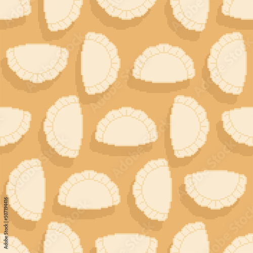 Jiaozi Chinese dumplings pixel art pattern seamless. 8 bit Traditional food in China background. pixelated Vector texture