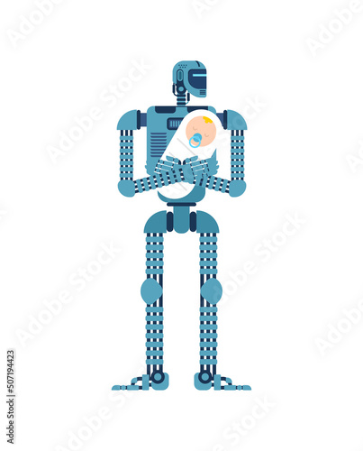 Robot Babysitter isolated. Cyborg holding baby. Babysitter of future
