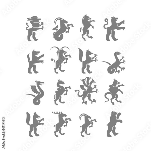 Heraldic animal set silhouette. Panther, camel. Goat, Hydra and Enfield. Fox, wolf and Alphyn. Deer, camel and Yale. Salamndra, goat and Amphiptere. Fantastic Beast. Monster for coat of arms.  